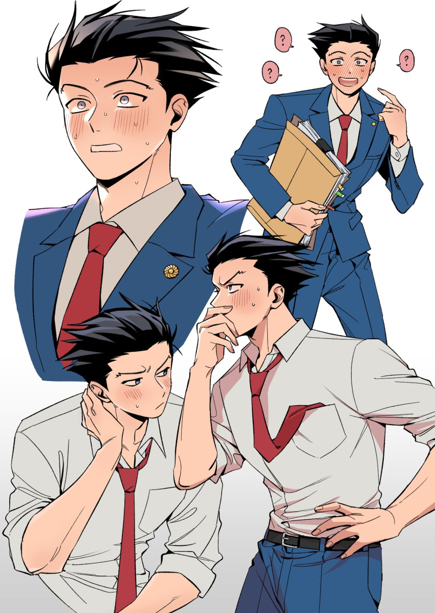 1boy ? ace_attorney belt belt_buckle black_belt black_hair blue_eyes blue_jacket blue_pants blush buckle collared_shirt covering_own_mouth embarrassed feet_out_of_frame file frown full-face_blush hand_on_own_hip hand_on_own_neck highres jacket looking_at_viewer looking_to_the_side male_focus necktie necktie_in_pocket pants phoenix_wright pointing pointing_at_self pusna1031 red_necktie shirt shirt_tucked_in short_hair speech_bubble spiky_hair sweat v-shaped_eyebrows white_background white_shirt