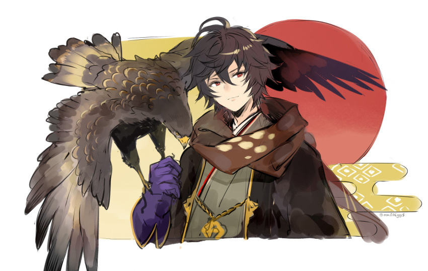 1boy 1other 2022 ahoge bird bishounen brown_hair brown_scarf commentary commentary_request egasumi expressionless gloves granblue_fantasy hair_between_eyes highres japanese_clothes jewelry kimono looking_to_the_side male_focus messy_hair necklace new_year osamu_(jagabata) red_eyes sandalphon_(granblue_fantasy) scarf short_hair sketch solo_focus sparrow twitter_username unfinished upper_body