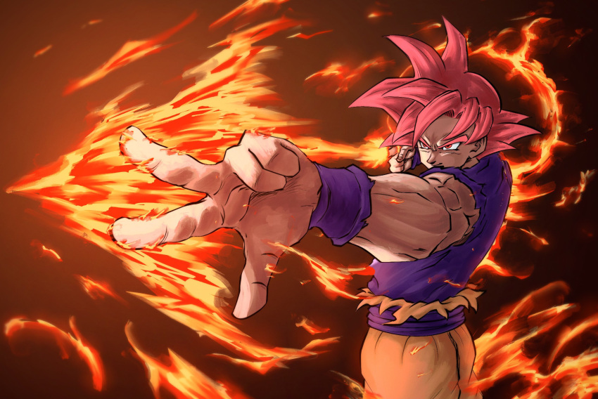 1boy cowboy_shot derivative_work dougi dragon_ball dragon_ball_super forearms foreshortening highres jujutsu_kaisen looking_to_the_side male_focus outstretched_arm powering_up red_eyes redhead screencap_redraw short_hair solo son_goku spiky_hair standing super_saiyan super_saiyan_god sydoria