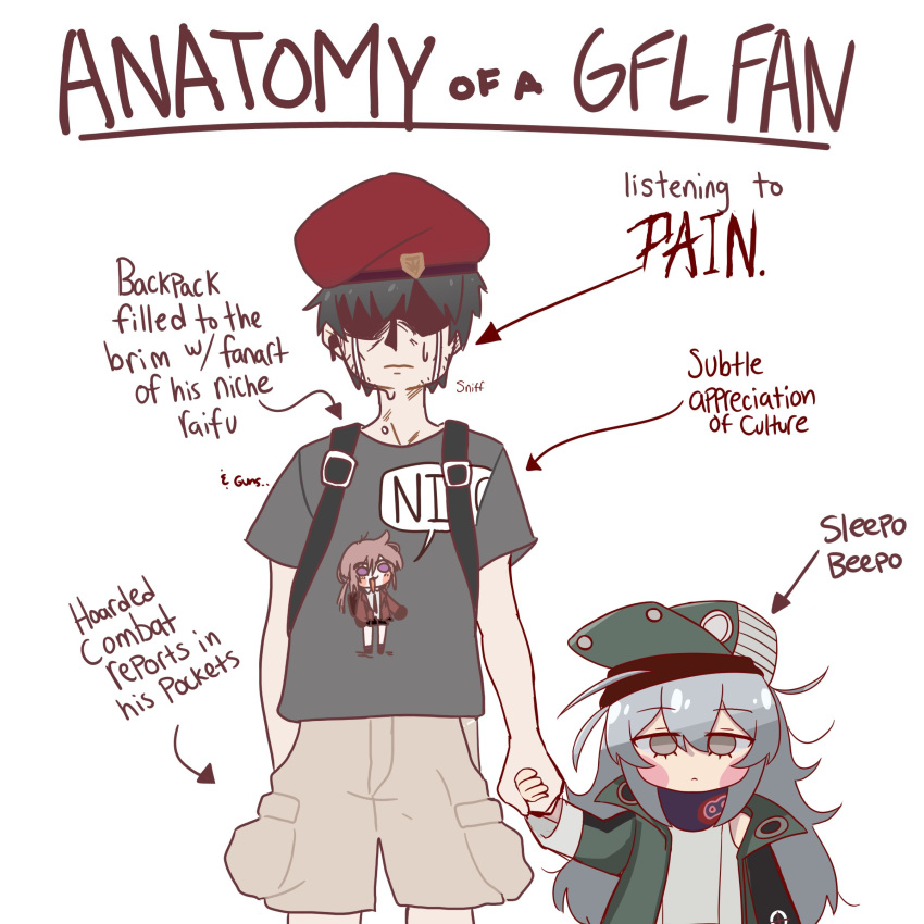 1boy 1girl absurdres anatomy_of_a_gamer_(meme) arms_at_sides arrow_(symbol) baseball_cap beret black_hair blush_stickers brown_hair brown_pants cargo_pants character_name closed_mouth commander_(girls'_frontline) commentary cowboy_shot crying english_commentary english_text expressionless g11_(girls'_frontline) girls_frontline green_jacket grey_eyes grey_hair grey_shirt hat height_difference highres jacket long_hair long_sleeves looking_at_viewer meme pants red_beret shaded_face shirt short_hair short_sleeves side-by-side simple_background smart_oval standing straight-on streaming_tears t-shirt tears white_background