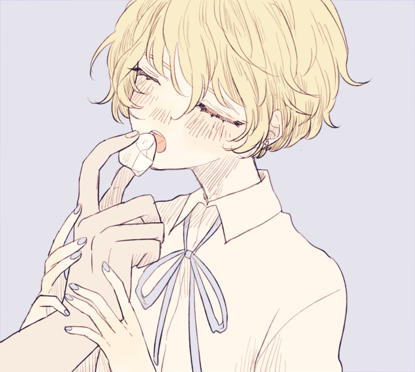 1boy 1girl 382 blonde_hair blue_nails blue_ribbon blush closed_eyes collared_shirt commentary_request feeding food highres holding holding_food nail_polish neck_ribbon open_mouth original out_of_frame purple_background ribbon shirt short_hair simple_background solo_focus upper_body white_shirt