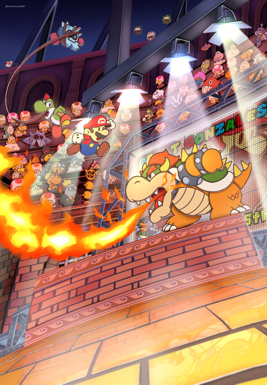 arena boo_(mario) bootler bow_(paper_mario) bowser bracelet breath_weapon breathing_fire brick bristle brown_footwear brown_hair buzzy_beetle chain_chomp character_request clouds colosseum dark_claw_(paper_mario:_the_thousand_year_door) english_text facial_hair fangs fighting fire fuzzy_(mario) glasses gloves green_hat green_shirt grubba hat heart heart_tail highres hollow_eyes horns iron_cleft jewelry jumping koopa_troopa lakitu long_sleeves looking_at_another luigi magikoopa maribou_(supermaribou) mario mask ms._mowz multiple_boys mustache nintendo open_mouth overalls paper_mario paper_mario:_the_thousand_year_door paper_mario_64 red_footwear red_hat red_toad_(mario) redhead reflective_floor shirt shoes shy_guy spiked_bracelet spiked_shell spiked_tail spikes stage stage_lights sunglasses super_mario_bros. swooper tail television toadette white_gloves wizard_hat yoshi