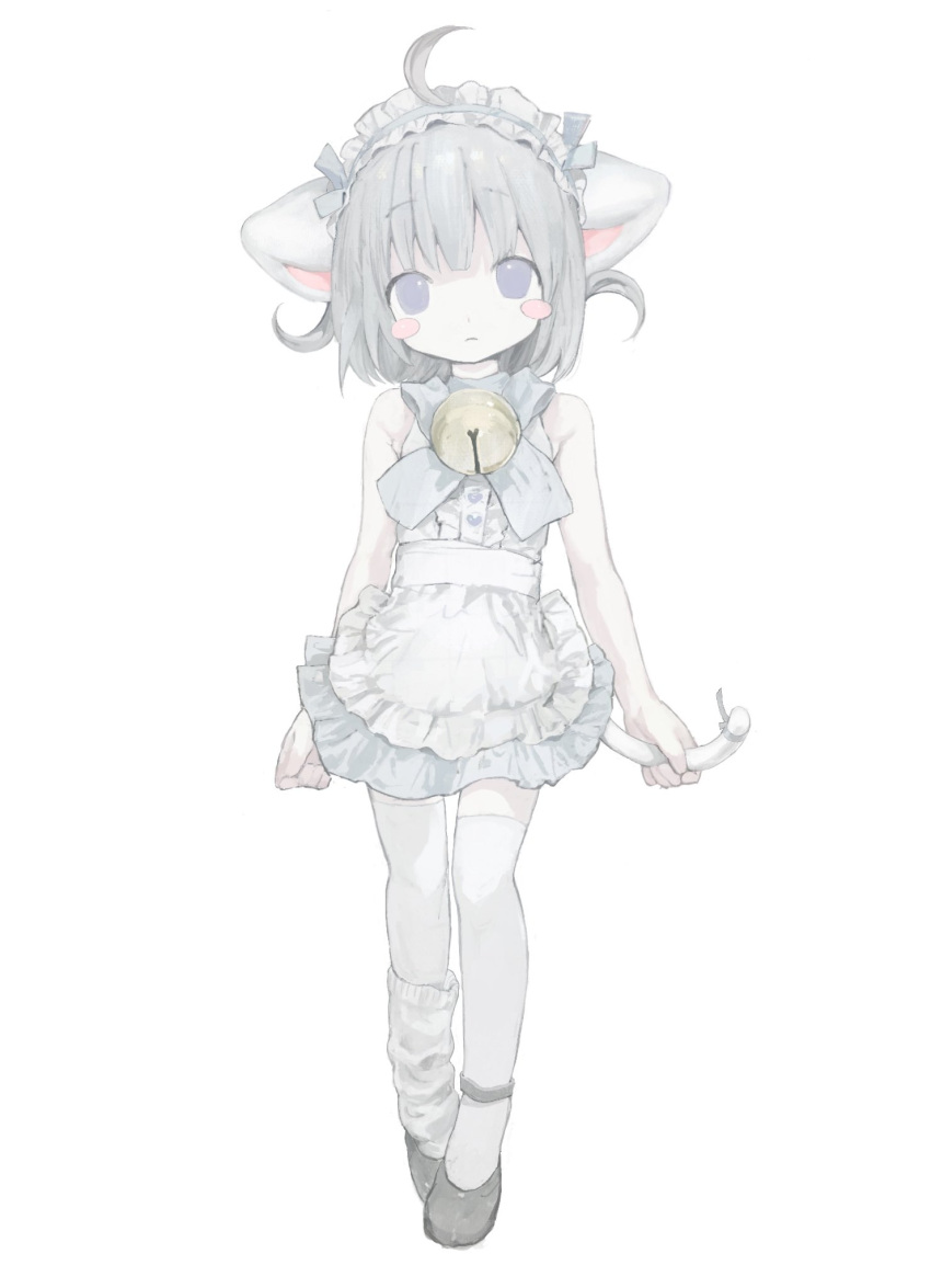 1girl ahoge animal_ears apron bare_shoulders bell cat_ears cat_girl cat_tail dress expressionless full_body grey_eyes grey_hair highres jingle_bell looking_at_viewer maid maid_apron maid_headdress original short_dress short_hair simple_background solo tail thigh-highs white_background white_thighhighs youyuu_(melt_yo103) zettai_ryouiki