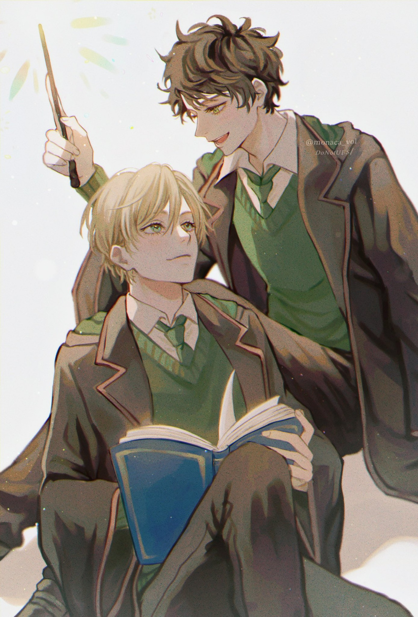 2boys albus_severus_potter animification artist_name black_coat black_footwear black_hair black_pants blonde_hair book closed_mouth coat collared_shirt commentary_request fingernails green_eyes green_necktie green_sweater hair_between_eyes hand_up harry_potter_(series) highres holding holding_book holding_wand lapels long_sleeves looking_at_another looking_down looking_up magic male_focus monaca_vol multiple_boys necktie open_book open_clothes open_coat open_mouth pants scorpius_malfoy shadow shirt shoes short_hair simple_background sitting smile sweater teeth tongue wand white_background white_shirt wide_sleeves wizarding_world