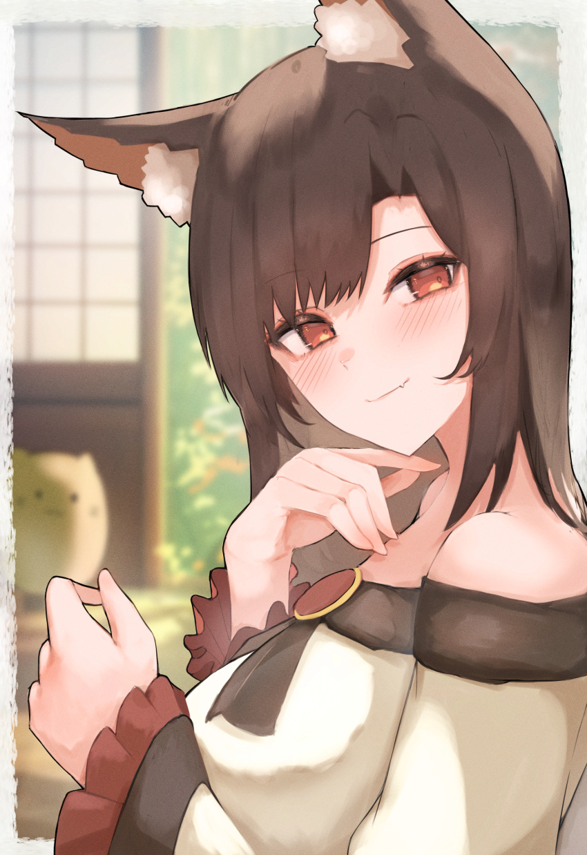 1girl absurdres animal_ear_fluff animal_ears blush brooch brown_hair closed_mouth commentary dress fang hand_on_own_chin highres imaizumi_kagerou jewelry long_hair long_sleeves looking_at_viewer off-shoulder_dress off_shoulder orange_eyes pollux368 red_brooch shouji skin_fang sliding_doors smile solo touhou wolf_ears