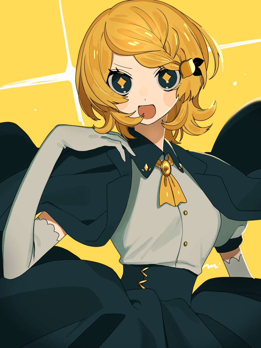 +_+ 1girl blonde_hair blush_stickers braid brooch collared_shirt elbow_gloves flipped_hair food-themed_hair_ornament gloves green_eyes hair_ornament hand_up highres jacket jacket_on_shoulders jewelry lemon_hair_ornament looking_at_viewer maco22 medium_hair open_mouth original shirt short_sleeves skirt smile solo yellow_background
