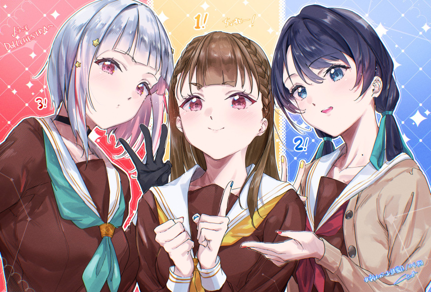 3girls aqua_neckerchief aqua_ribbon black_choker black_gloves blue_background blue_eyes blue_hair blue_nails blunt_bangs blush braid brown_cardigan brown_dress brown_hair cardigan center-flap_bangs choker clenched_hand collarbone colored_inner_hair commentary_request dark_blue_hair dollchestra dress finger_counting gloves grey_hair grid_background group_name hair_ornament hair_ribbon hand_up hands_up hasu_no_sora_school_uniform highres index_finger_raised inward_v kachimachi_kosuzu kuziaaizuk link!_like!_love_live! long_hair long_sleeves looking_at_viewer love_live! low_twintails middle_w mole mole_on_neck multicolored_background multicolored_hair multiple_girls murano_sayaka neckerchief o-ring o-ring_choker open_cardigan open_clothes open_mouth pink_eyes red_background red_nails red_neckerchief redhead ribbon sailor_collar sailor_dress school_uniform short_hair side_braids signature smile sparkle_background star_(symbol) star_hair_ornament streaked_hair teeth translation_request twintails upper_teeth_only w white_sailor_collar winter_uniform yellow_background yellow_neckerchief yugiri_tsuzuri