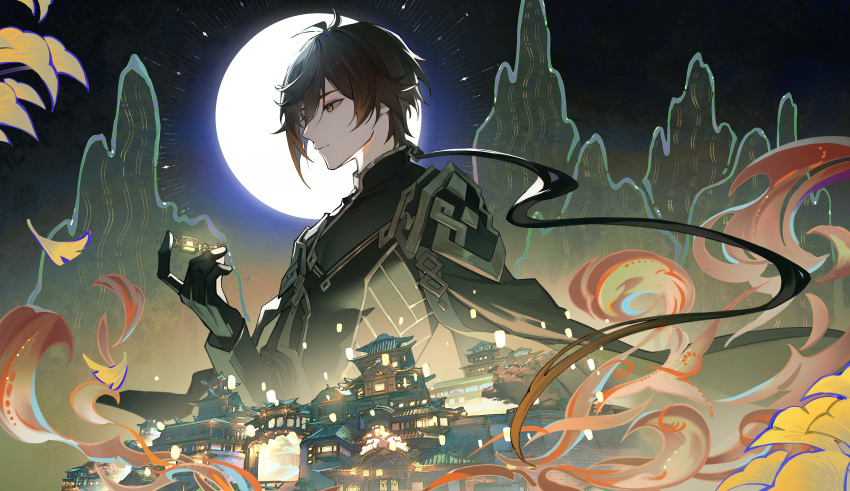 1boy absurdres antenna_hair architecture brown_eyes brown_hair chinese_clothes closed_mouth commentary_request east_asian_architecture full_moon genshin_impact ginkgo_leaf gnosis_(genshin_impact) highres holding leaf long_hair long_sleeves looking_at_object male_focus moon mountain night night_sky sky smoke solo upper_body xingxing_mei zhongli_(genshin_impact)