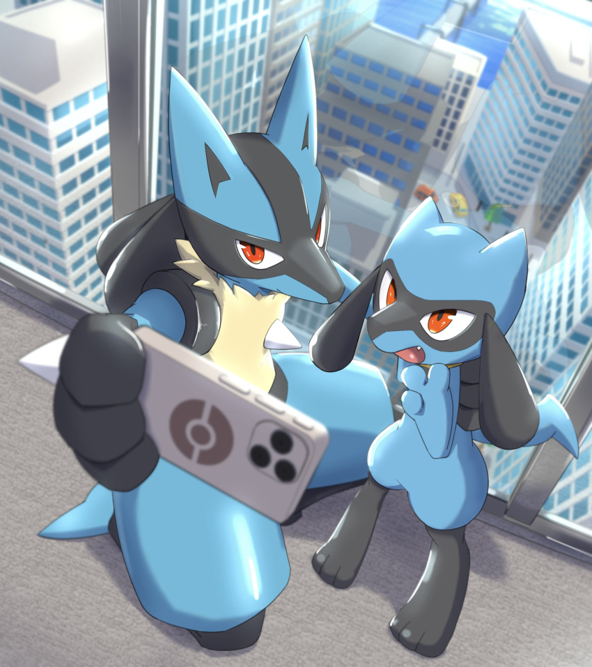 2others absurdres animal_ears building cellphone closed_mouth full_body highres holding indoors lucario multiple_others niku1441 no_humans open_mouth phone pokemon pokemon_(creature) red_eyes riolu selfie smartphone smile spikes standing tail window
