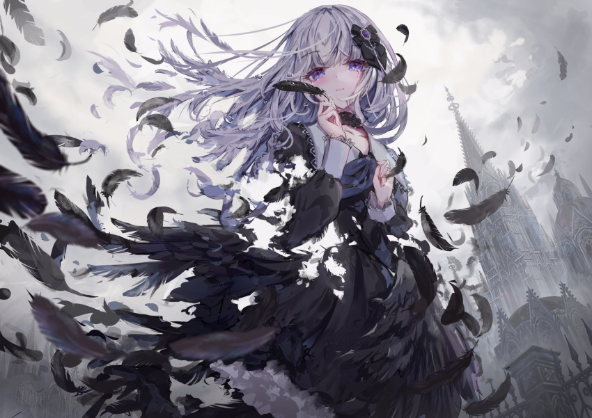 1girl black_bow black_choker black_dress black_feathers black_wings blue_eyes blunt_bangs bow building choker closed_mouth clouds cloudy_sky commentary crying crying_with_eyes_open disintegration dress falling_feathers feathers floating_hair frilled_dress frills grey_hair grey_sky hair_bow hair_ornament hand_up highres long_hair long_sleeves looking_at_viewer missile228 original outdoors parted_lips puffy_sleeves sky solo tears violet_eyes wind wings