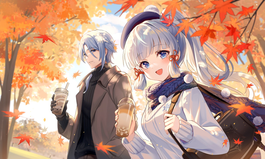 1boy 1girl :d absurdres alternate_costume autumn autumn_leaves bag beret black_bag black_gloves black_sweater blue_eyes blue_hair blue_scarf blunt_bangs blunt_tresses brother_and_sister brown_coat closed_mouth clouds coat commentary_request cup disposable_cup drink drinking_straw falling_leaves genshin_impact gloves hat highres holding holding_cup kamisato_ayaka kamisato_ayato lalazyt leaf light_blue_hair long_hair long_sleeves looking_at_viewer mole mole_under_eye open_mouth orange_theme ponytail scarf shoulder_bag siblings smile sweater tree upper_body white_sweater
