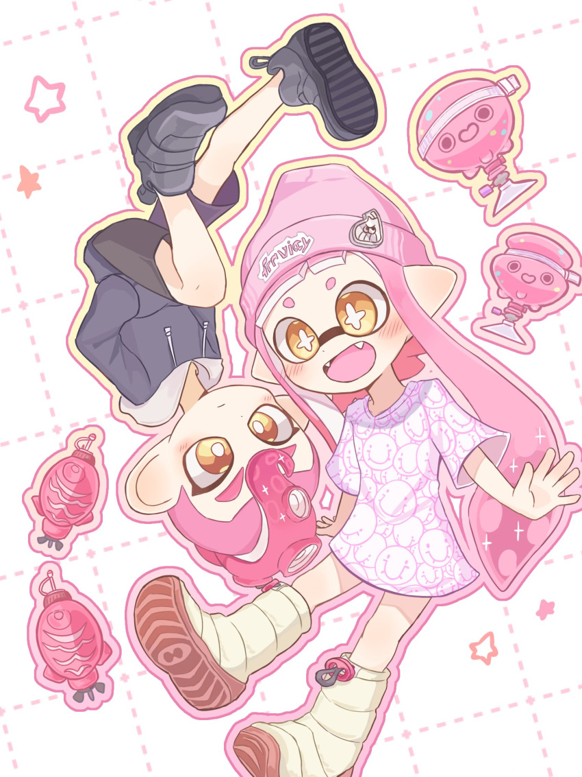 1boy 1girl beanie black_footwear boots bright_pupils commentary_request fangs grid_background hat highres hoshiika_su inkling inkling_girl inkling_player_character long_hair octoling octoling_boy octoling_player_character open_mouth pink_hair pink_hat pointy_ears redhead shoes short_hair simple_background smile sparkle splatoon_(series) star-shaped_pupils star_(symbol) super_chump_(splatoon) symbol-shaped_pupils tentacle_hair torpedo_(splatoon) white_background white_footwear white_pupils yellow_eyes