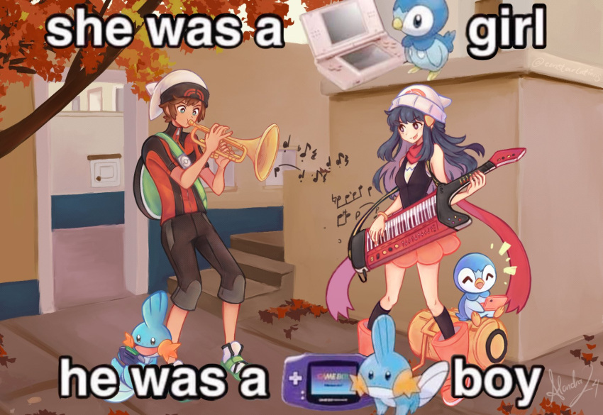 1boy 1girl backpack bag beanie black_hair black_shirt boots brendan_(pokemon) capri_pants caption commentary constarlations day english_text game_boy_advance hair_ornament hairclip handheld_game_console hat highres hikari_(pokemon) holding holding_instrument instrument keyboard_(instrument) knees long_hair meme mudkip music musical_note nintendo_ds outdoors pants photo-referenced piplup playing_instrument pokemon pokemon_(creature) pokemon_dppt pokemon_oras red_scarf scarf she_was_a_x_girl_he_was_a_x_boy_(meme) shirt shoes short_sleeves sidelocks skirt sleeveless sleeveless_shirt socks stairs standing trumpet