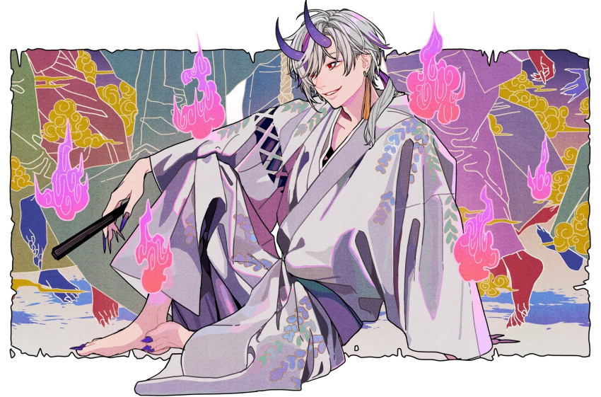 1boy barefoot blue_hair blue_horns demon_boy earrings fingernails grey_hair hand_fan hand_on_own_knee highres holding holding_fan horns japanese_clothes jewelry keiko_(um7mr1) kimono looking_to_the_side male_focus multicolored_background multicolored_hair original outside_border sharp_fingernails sharp_toenails short_hair_with_long_locks single_earring smile solo_focus streaked_hair toenails very_long_fingernails will-o'-the-wisp_(mythology) xiangyun