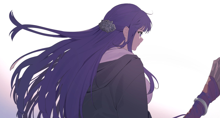 1girl absurdres ao_tsukushi black_robe blunt_bangs blunt_ends breasts commentary fern_(sousou_no_frieren) floating_hair from_side gradient_background hair_ornament highres holding holding_wand long_hair looking_ahead purple_hair robe sidelocks solo sousou_no_frieren upper_body violet_eyes wand white_background
