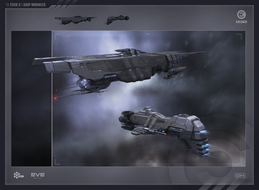 advanced_ship_(eve_online) border caldari_state_(eve_online) commentary company_name concept_art copyright_name cruiser_(eve_online) emblem eve_online from_side georg_hilmarsson glowing grey_border grey_theme logo military_vehicle nebula official_art outdoors radio_antenna realistic science_fiction space spacecraft strategic_cruiser_(eve_online) tech_3_ship_(eve_online) vehicle_focus