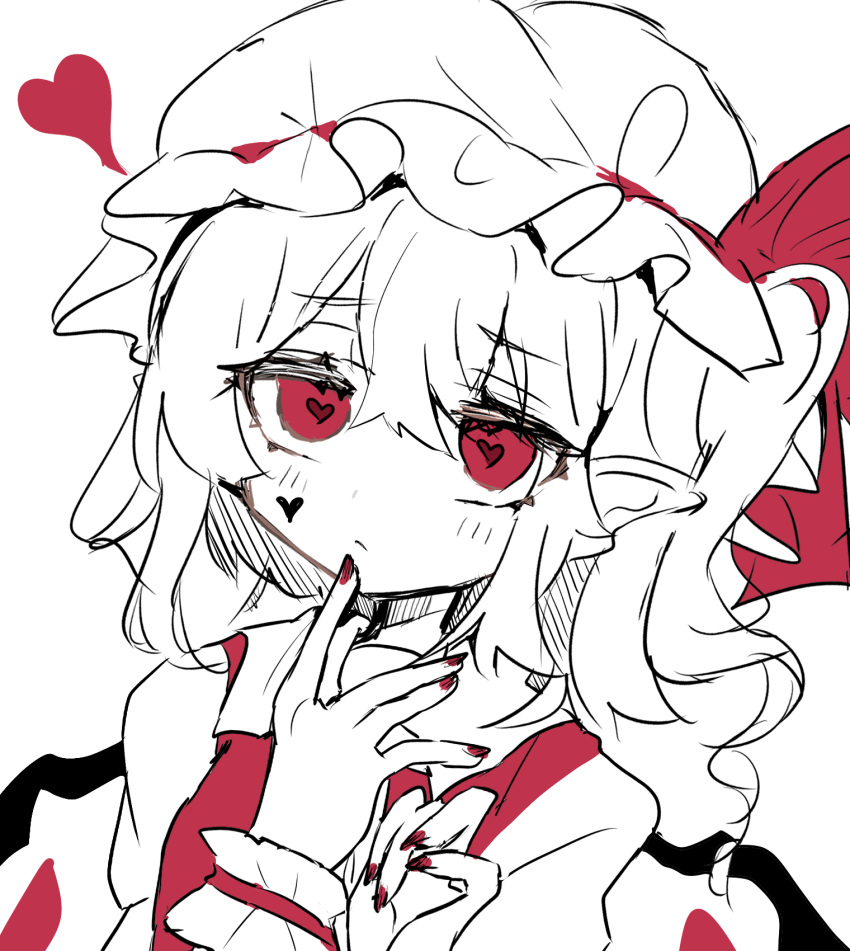 1girl closed_mouth flandre_scarlet hat head_tilt heart heart-shaped_pupils highres looking_at_viewer medium_hair mob_cap nail_polish one_side_up pointy_ears puffy_short_sleeves puffy_sleeves ramochi red_eyes red_nails red_ribbon red_vest ribbon ribbon-trimmed_headwear ribbon_trim shirt short_sleeves simple_background solo spot_color symbol-shaped_pupils touhou upper_body vest white_background wings