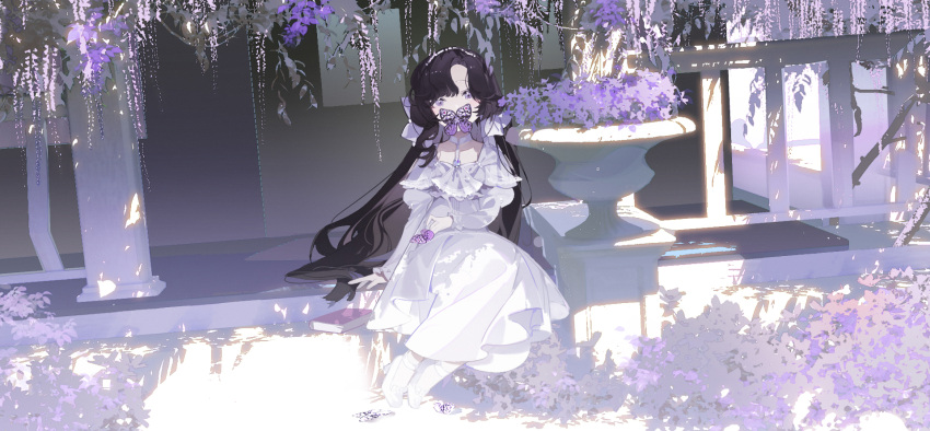 1girl aged_down arm_support black_hair butterfly_on_mouth dress flower full_body highres isolde_(reverse:1999) juliet_sleeves long_dress long_hair long_sleeves looking_at_viewer lumos puffy_sleeves purple_flower railing reverse:1999 shadow sitting solo sunlight violet_eyes white_dress wide_shot wisteria
