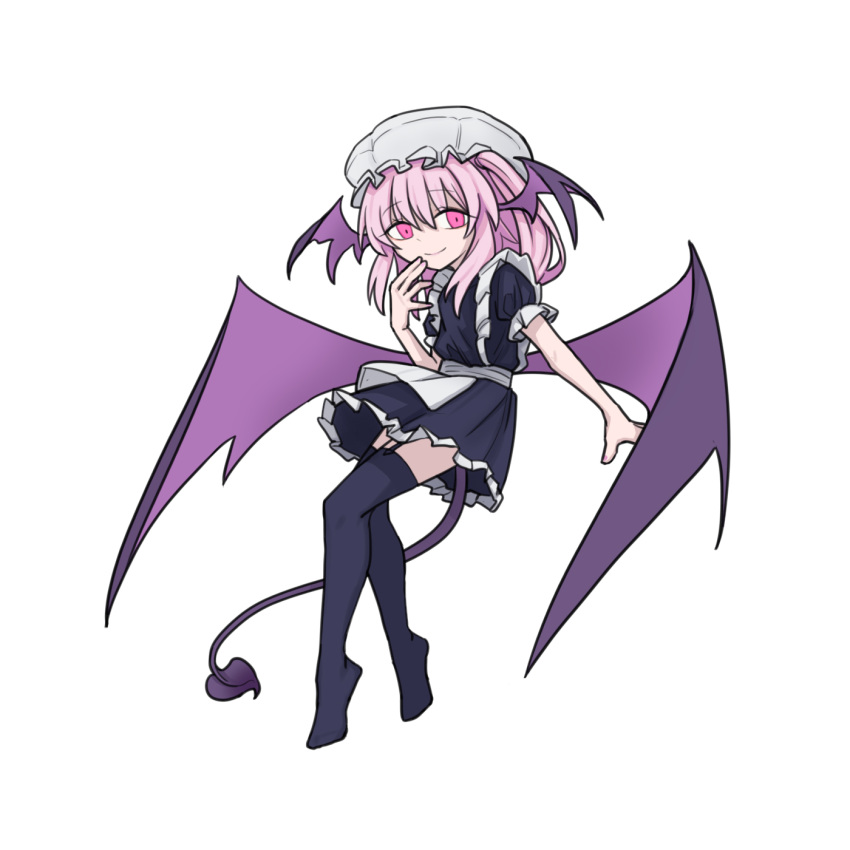 1girl apron black_dress black_souls black_thighhighs demon_girl demon_tail demon_wings dress frilled_dress frilled_sleeves frills full_body garter_straps hat head_wings highres long_hair looking_at_viewer mob_cap pink_eyes pink_hair puffy_short_sleeves puffy_sleeves rabbit_king short_sleeves side_ponytail simple_background solo tail thigh-highs victoria_(black_souls) white_apron white_background white_hat wings