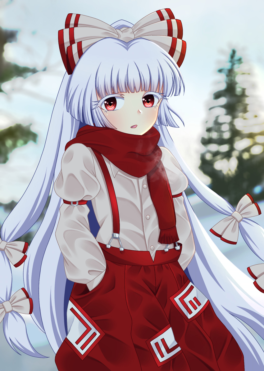 1girl absurdres blue_hair blurry blurry_background bow breath buttons cipher_(user_watm8555) commentary_request cowboy_shot fujiwara_no_mokou hair_bow hands_in_pockets highres light_blue_hair long_hair long_sleeves looking_at_viewer ofuda ofuda_on_clothes outdoors pants parted_lips red_eyes red_pants red_scarf scarf shirt sleeve_garter solo standing suspenders touhou tree very_long_hair white_bow white_shirt winter