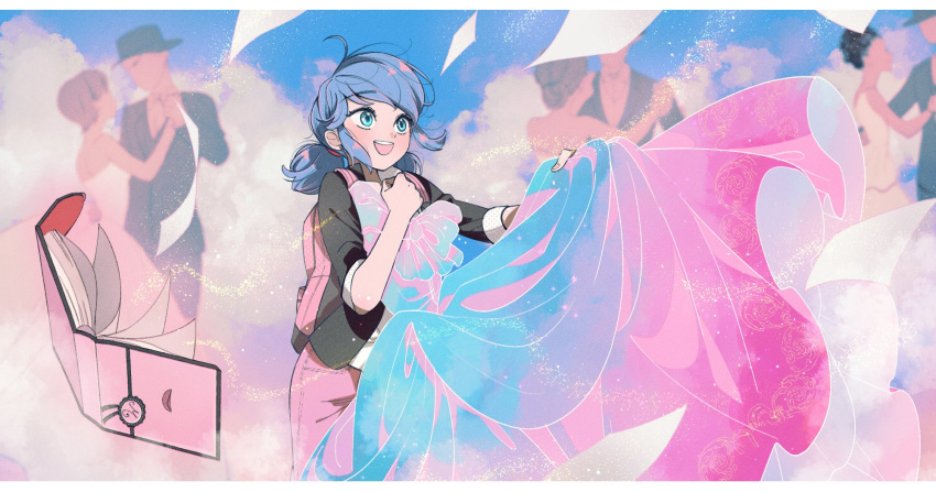 black_jacket blazer blue_dress blue_eyes blue_hair book clouds cloudy_sky dancing dress happy highres jacket marinette_dupain-cheng miraculous_ladybug multiple_boys multiple_girls open_mouth paper seio_(nao_miragggcc45) short_twintails sky smile twintails