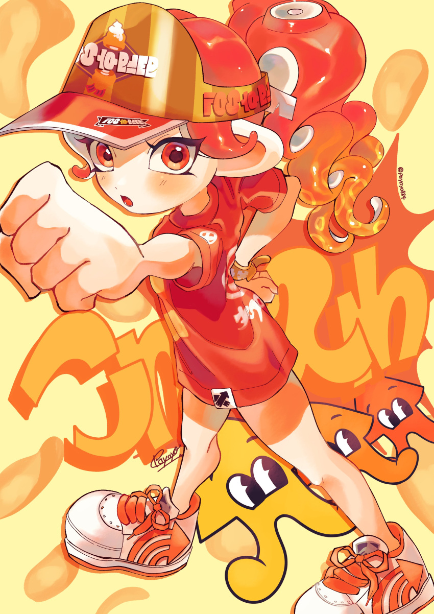 1girl :o absurdres blush chips_(food) clenched_hands commentary_request cross-laced_footwear curly_hair food full_body gradient_hair hand_on_own_hip highres looking_at_viewer multicolored_hair octoling octoling_girl octoling_player_character open_mouth orange_hair outstretched_arm oversized_clothes payayo884 ponytail potato_chips red_eyes red_shirt redhead shirt short_sleeves signature solo splatoon_(series) splatoon_3 standing suction_cups tentacle_hair twitter_username two-tone_eyes two-tone_hair visor_cap white_footwear wristband yellow_eyes yellow_wristband