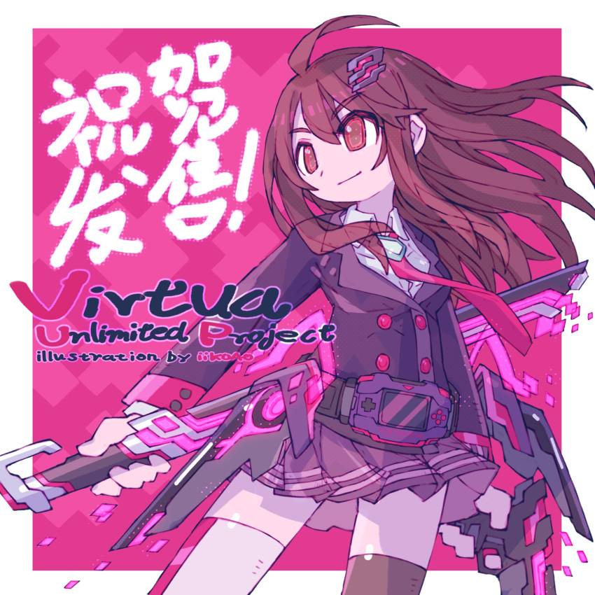 1girl ahoge aizawa_kana black_jacket black_skirt black_thighhighs border breasts brown_eyes brown_hair collared_shirt cowboy_shot english_commentary finger_on_trigger gun highres holding holding_gun holding_sword holding_weapon iikoao jacket long_hair medium_breasts miniskirt necktie parted_bangs pink_background pink_necktie pink_theme pleated_skirt release_celebration shirt skirt smile solo sword thigh-highs translation_request virtua_unlimited_project weapon white_border white_shirt white_thighhighs