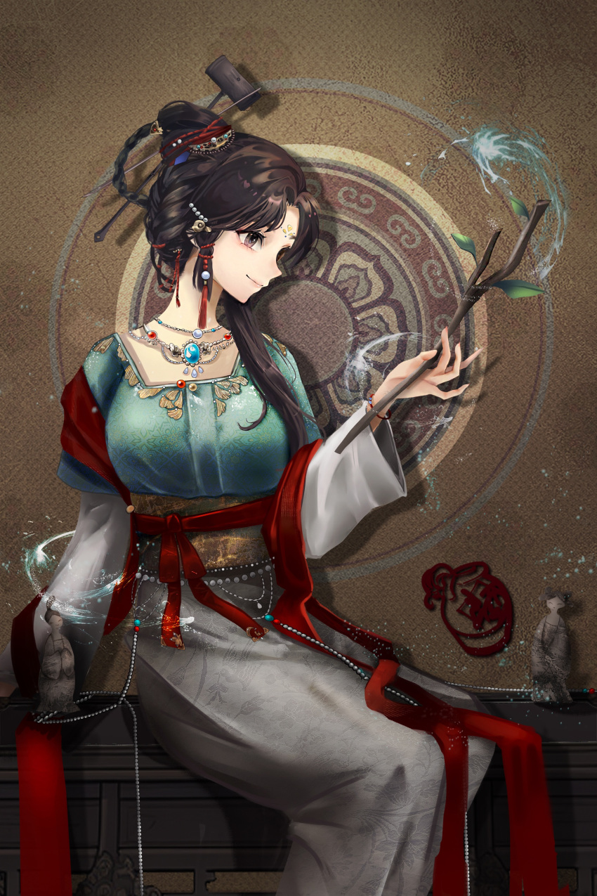 1girl absurdres banbi_ruqun beads bird black_hair branch breasts brown_eyes brown_hair chinese_clothes closed_mouth dress facial_mark forehead_mark hair_ornament hand_up hanfu highres holding huadian indoors jewelry jiu_niangzi long_hair long_sleeves necklace reverse:1999 sash sitting smile solo water ying_lili