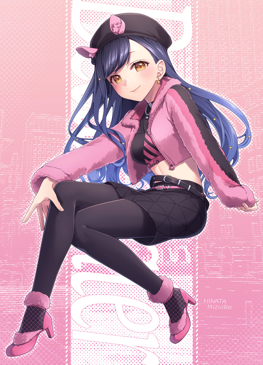1girl animal_ear_fluff belt black_belt black_hat black_pantyhose black_skirt blue_hair blush breasts closed_mouth crop_top crossed_legs earrings floating_hair from_side full_body hat high_heels highres hinata_mizuiro jacket jewelry long_sleeves looking_at_viewer medium_breasts midriff miniskirt open_clothes open_jacket pantyhose pink_background pink_belt pink_footwear pink_jacket project_sekai shiraishi_an short_hair skirt sleeves_past_wrists smile solo star_(symbol) star_earrings stomach swept_bangs yellow_eyes