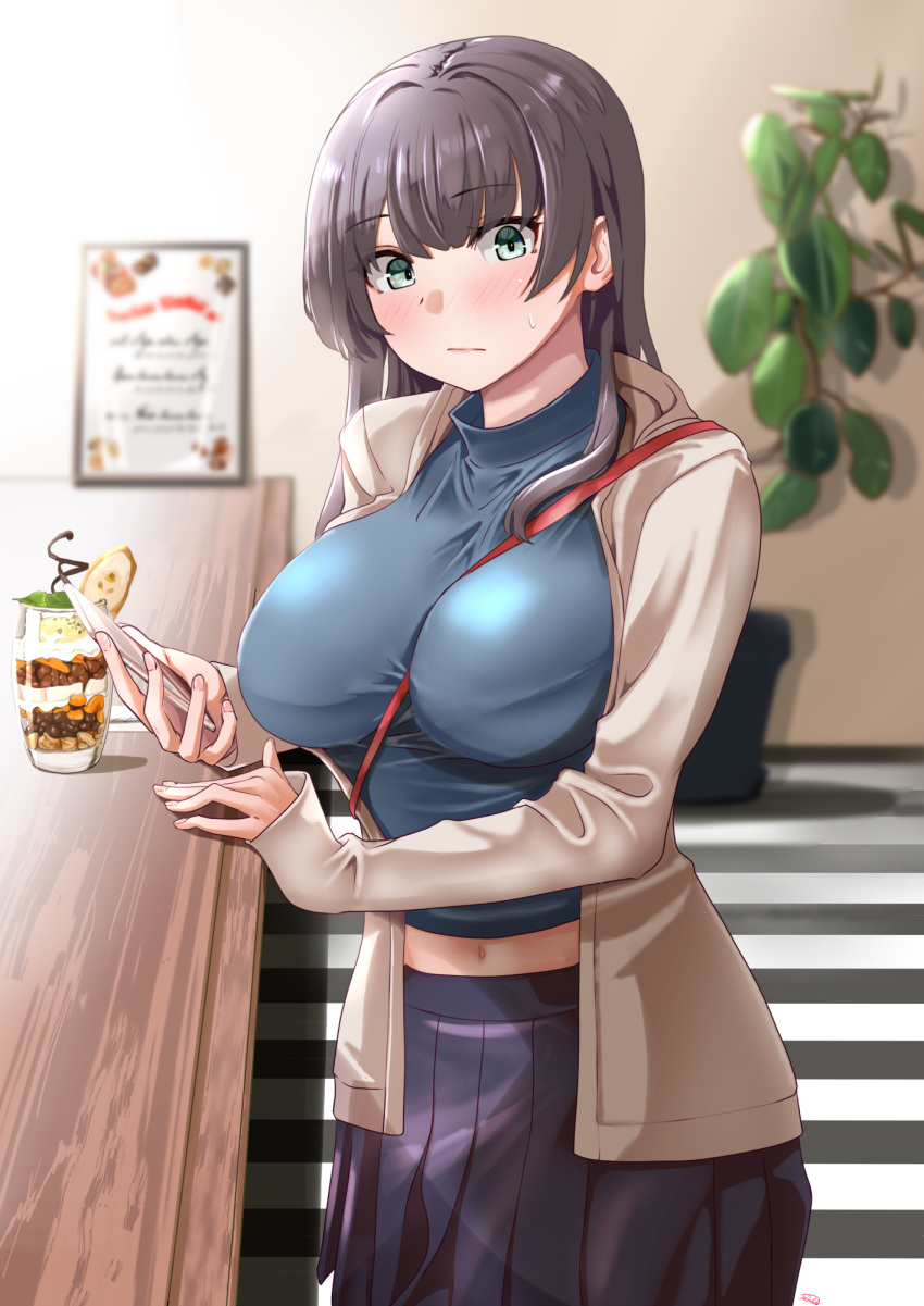 1girl agano_(kancolle) alternate_costume between_breasts black_hair black_skirt blue_eyes blue_shirt blurry blurry_background breasts brown_jacket cellphone commentary_request counter cowboy_shot drink highres indoors jacket jouzaburou_(joe3) kantai_collection large_breasts long_hair menu navel phone plant pleated_skirt potted_plant shirt skirt solo strap_between_breasts