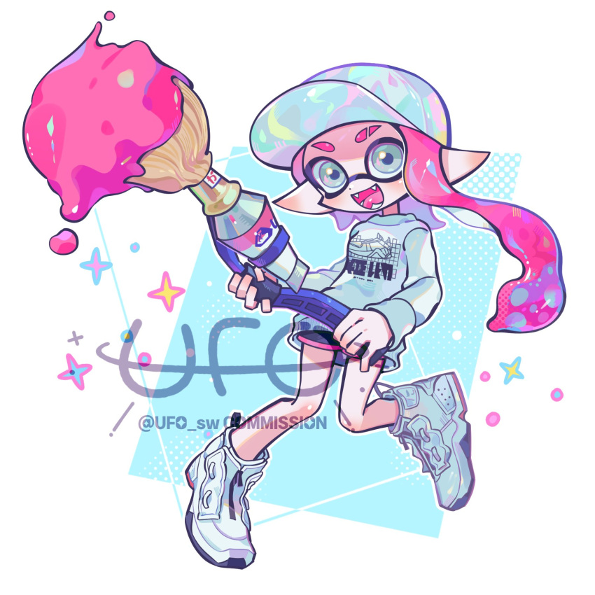 1girl artist_name baseball_cap commentary_request commission eyebrow_cut fangs full_body green_eyes hat high_tops highres holding holding_weapon inkbrush_(splatoon) inkling inkling_girl inkling_player_character korean_commentary long_hair looking_at_viewer open_mouth pink_hair pointy_ears print_sweater shoes smile sneakers solo sparkle splatoon_(series) splatoon_3 sweater tentacle_hair thick_eyebrows ufo_sw watermark weapon white_footwear white_sweater
