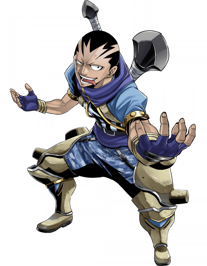 1boy armor black_hair blood_(gate_of_nightmares) blue_gloves blue_pants blue_shirt camouflage camouflage_pants fingerless_gloves full_body gate_of_nightmares gloves highres looking_at_viewer mashima_hiro official_art open_mouth pants shirt short_hair short_sleeves simple_background solo tachi-e teeth tongue tongue_out transparent_background very_short_hair weapon weapon_on_back