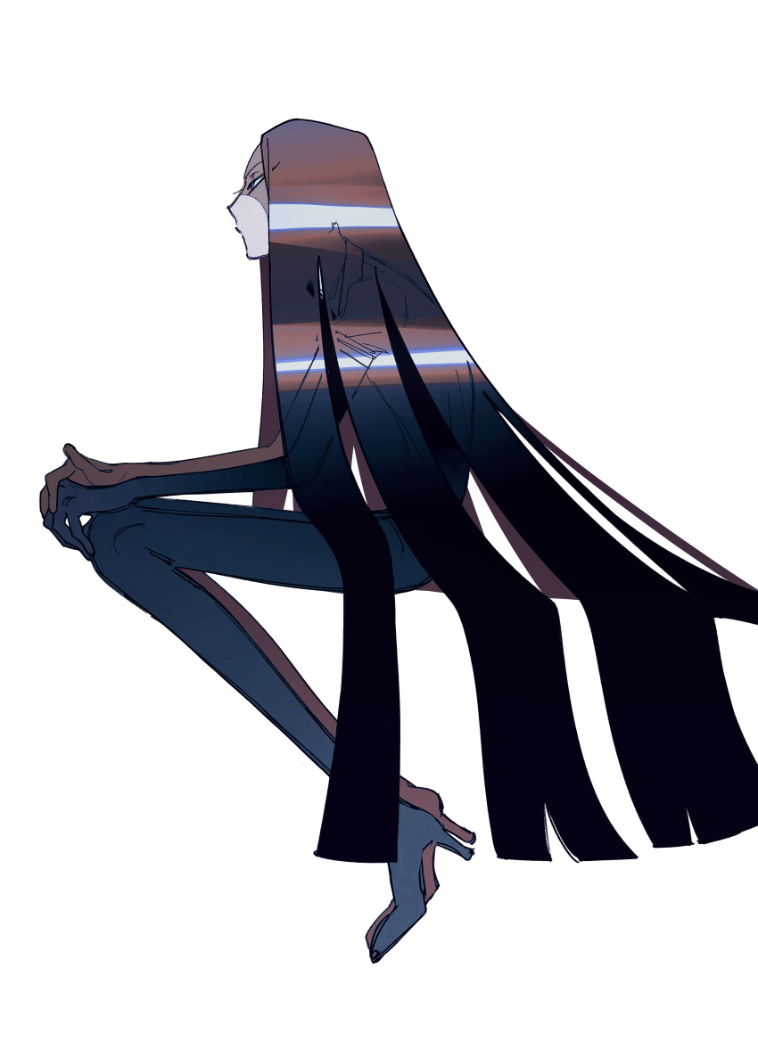1other absurdres black_footwear black_gloves black_hair boots bort elbow_gloves from_side full_body gem_uniform_(houseki_no_kuni) gloves hands_on_own_knees highres houseki_no_kuni long_hair looking_to_the_side naotin3333 profile simple_background solo thigh_boots white_background