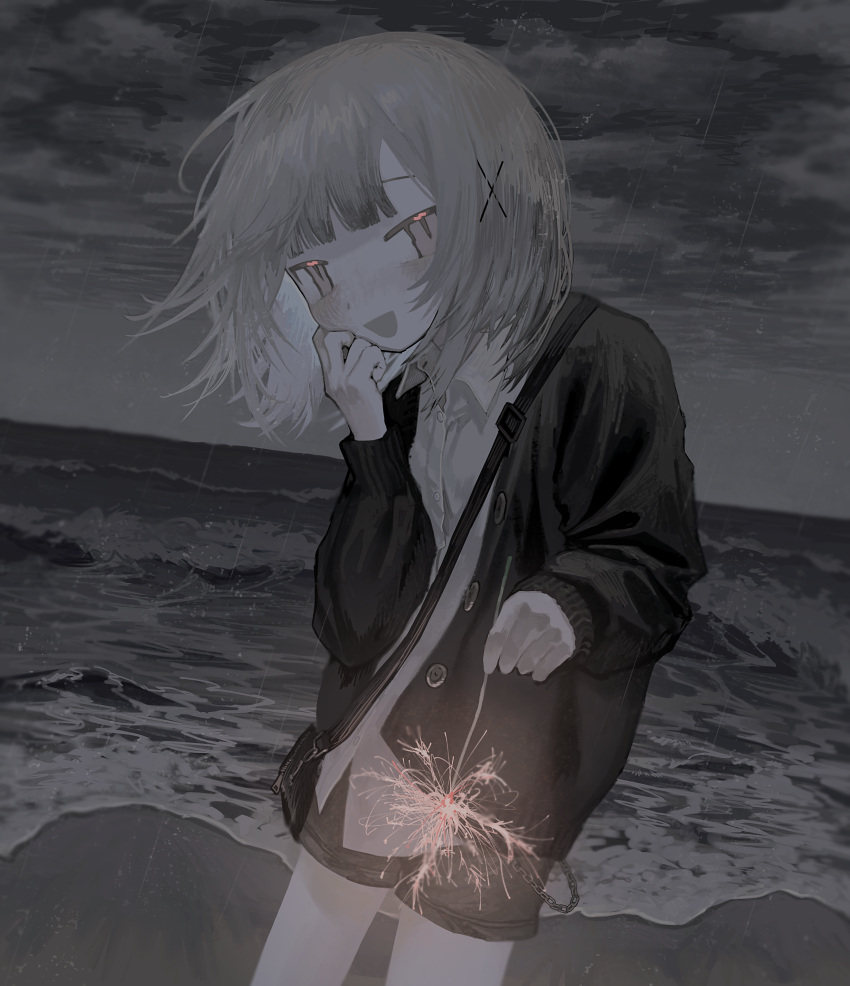 1girl :d absurdres bag beach black_bag black_cardigan black_shorts blunt_bangs blush cardigan clouds collared_shirt commentary_request cowboy_shot dress_shirt fireworks floating_hair giv_81 grey_hair hair_ornament hand_on_own_cheek hand_on_own_face highres holding_fireworks horizon hunched_over ibispaint_(medium) long_sleeves looking_at_viewer making-of_available night ocean open_cardigan open_clothes open_mouth original outdoors overcast rain shirt short_hair short_shorts shorts shoulder_bag sky slit_pupils smile solo sparkler water waves white_shirt x_hair_ornament
