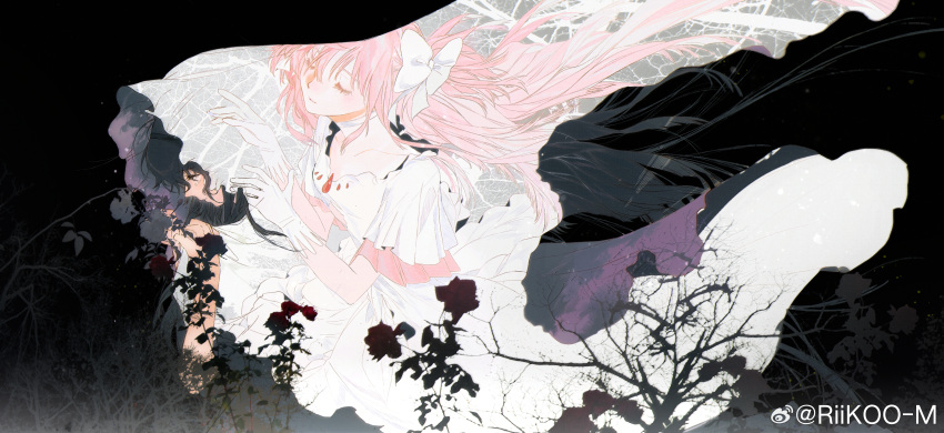 2girls absurdly_long_hair absurdres akemi_homura black_background black_hair bow chest_jewel chinese_commentary choker closed_eyes closed_mouth collarbone commentary_request crying crying_with_eyes_open dress expressionless eyelashes field floating_hair flower flower_field gloves goddess_madoka hair_bow highres kaname_madoka light_blush long_hair looking_at_flowers magic_circle magical_girl mahou_shoujo_madoka_magica mahou_shoujo_madoka_magica_(anime) multiple_girls pink_gloves pink_hair pleated_sleeves reaching red_flower red_rose riko-m rose short_sleeves teardrop tears two_side_up very_long_hair violet_eyes weibo_watermark white_bow white_choker white_dress white_gloves wide-eyed withered