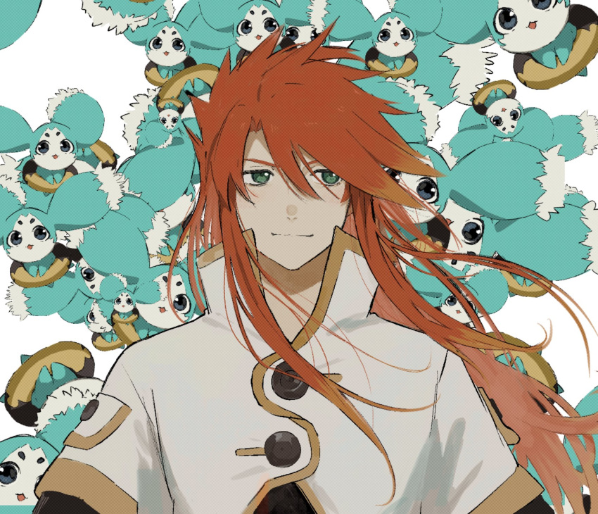 1boy black_shirt buttons closed_mouth commentary_request creature green_eyes hair_between_eyes highres jacket light_smile long_hair luke_fon_fabre meba mieu_(tales) popped_collar redhead shirt short_sleeves sidelocks spiky_hair tales_of_(series) tales_of_the_abyss upper_body white_jacket