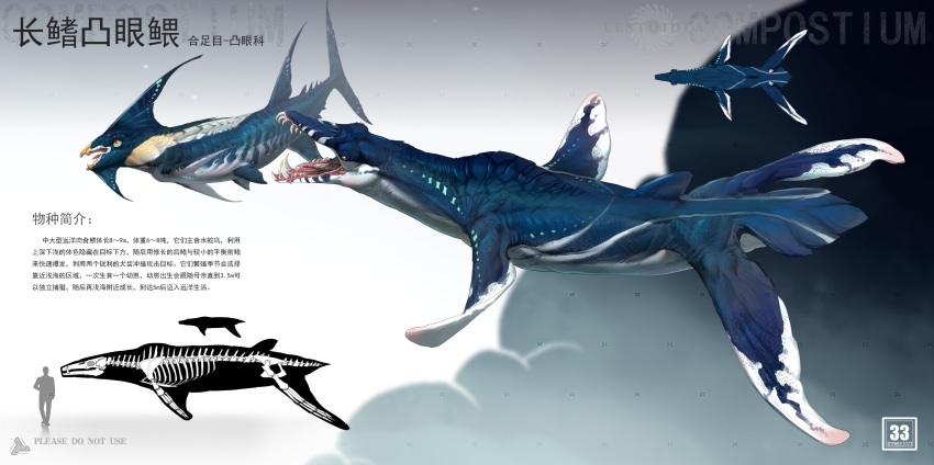 absurdres animal_focus chasemakouchi chinese_commentary chinese_text commentary_request fangs fins full_body highres monster multiple_views no_humans open_mouth original sea_monster sharp_teeth silhouette size_comparison skeleton teeth translation_request yellow_eyes