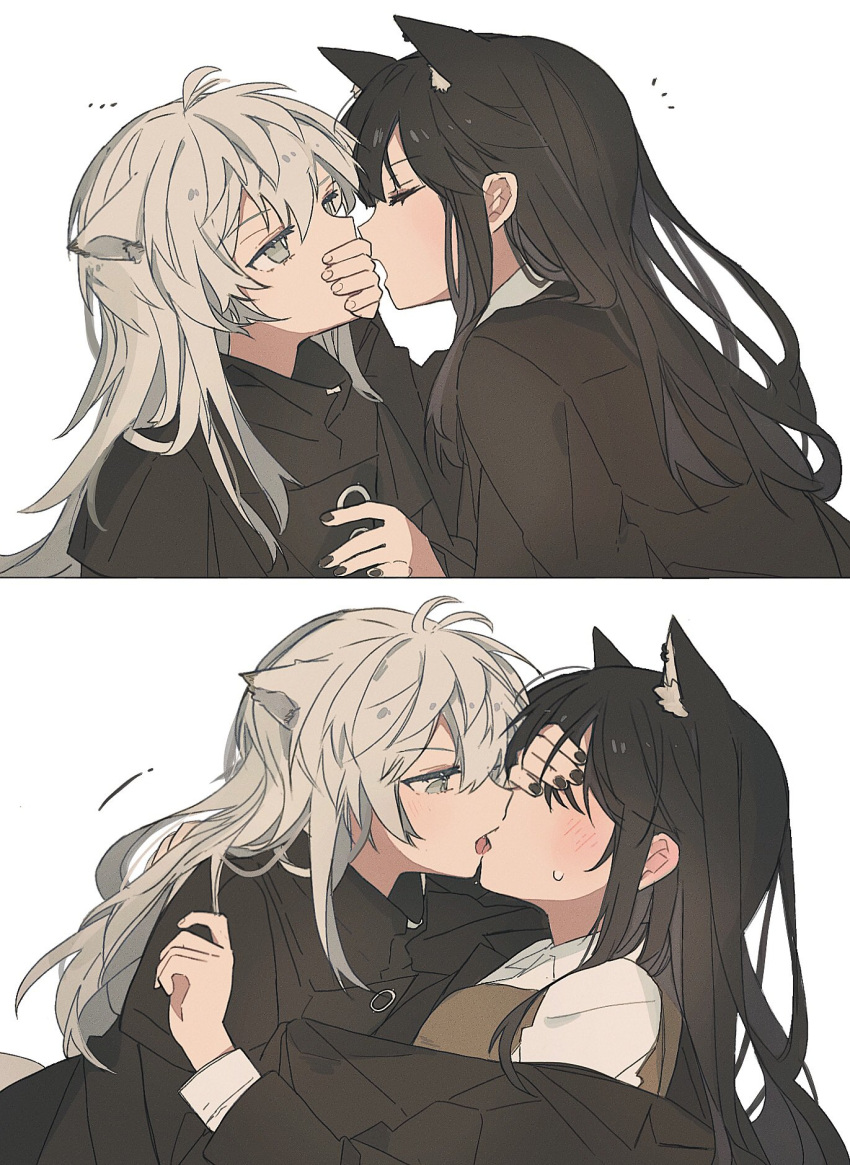 ... 2girls animal_ear_fluff animal_ears arknights black_hair black_jacket black_nails blush covering_another's_eyes covering_another's_mouth extra_ears fingernails grey_eyes grey_hair highres jacket kiss lappland_(arknights) looking_at_another multiple_girls sequential seri_(vyrlw) sweatdrop texas_(arknights) white_background wolf_ears yuri