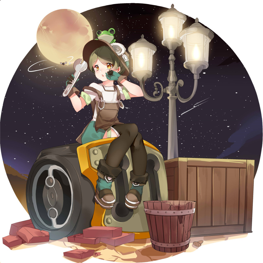 1girl black_thighhighs boots brick brown_eyes brown_hair bucket character_request crate dragon_nest frog full_moon gloves goggles goggles_on_headwear green_gloves green_hair hat highres holding lamppost moon natie_(latte) night night_sky outdoors overalls shirt short_hair short_sleeves sitting sitting_on_object sky solo star_(sky) starry_sky thigh-highs white_shirt wrench yellow_eyes