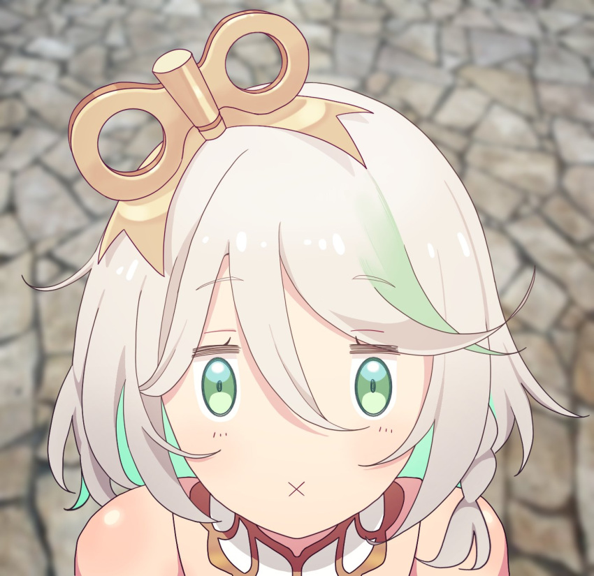 1girl :x arcenal cecilia_immergreen colored_inner_hair commentary derivative_work detached_collar doll_joints green_eyes green_hair grey_hair highres hololive hololive_english joints looking_at_viewer multicolored_hair princess_connect! screenshot_redraw short_hair solo virtual_youtuber winding_key