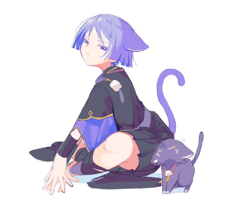 0_mix_9 1boy animal_ears armor cat cat_boy cat_ears cat_tail closed_eyes closed_mouth commentary from_side genshin_impact highres japanese_armor japanese_clothes kote kurokote male_focus nuzzle own_hands_together purple_hair scaramouche_(cat)_(genshin_impact) scaramouche_(genshin_impact) simple_background sitting tail violet_eyes white_background wide_sleeves