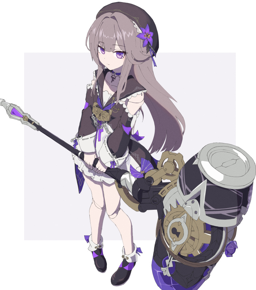 1girl absurdres beret brown_hair choker doll_joints dress expressionless flower full_body hair_flower hair_ornament hammer hat herta_(honkai:_star_rail) highres holding holding_hammer holding_weapon honkai:_star_rail honkai_(series) joints long_hair looking_at_viewer purple_choker sidelocks simple_background solo tonbon violet_eyes weapon white_background