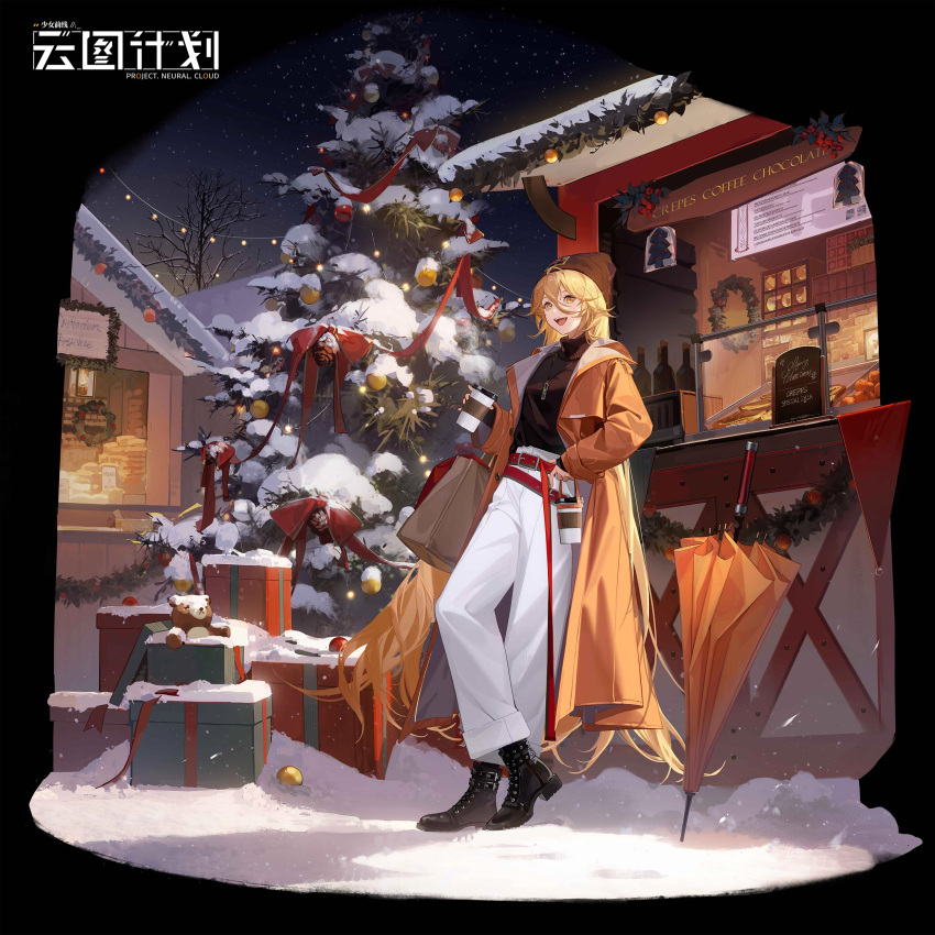 1girl :d absurdres ankle_boots bag beanie belt black_background black_footwear black_hat black_sweater blonde_hair boots bow box christmas christmas_ornaments christmas_tree christmas_wreath closed_umbrella coat coffee_cup copyright_name crossed_legs cup disposable_cup dlgeria food_stand full_body gift gift_box girls'_frontline_neural_cloud girls_frontline hair_between_eyes hat highres holding holding_bag holding_cup jewelry logo long_hair looking_to_the_side menu_board night night_sky official_art orange_coat orange_umbrella outdoors pants pendant red_belt red_bow shopping_bag sky smile snow sol_(neural_cloud) solo standing star_(sky) starry_sky steam string_of_light_bulbs stuffed_animal stuffed_toy sweater sweater_tucked_in teddy_bear turtleneck turtleneck_sweater umbrella very_long_hair weibo_logo white_pants winter wreath yellow_eyes