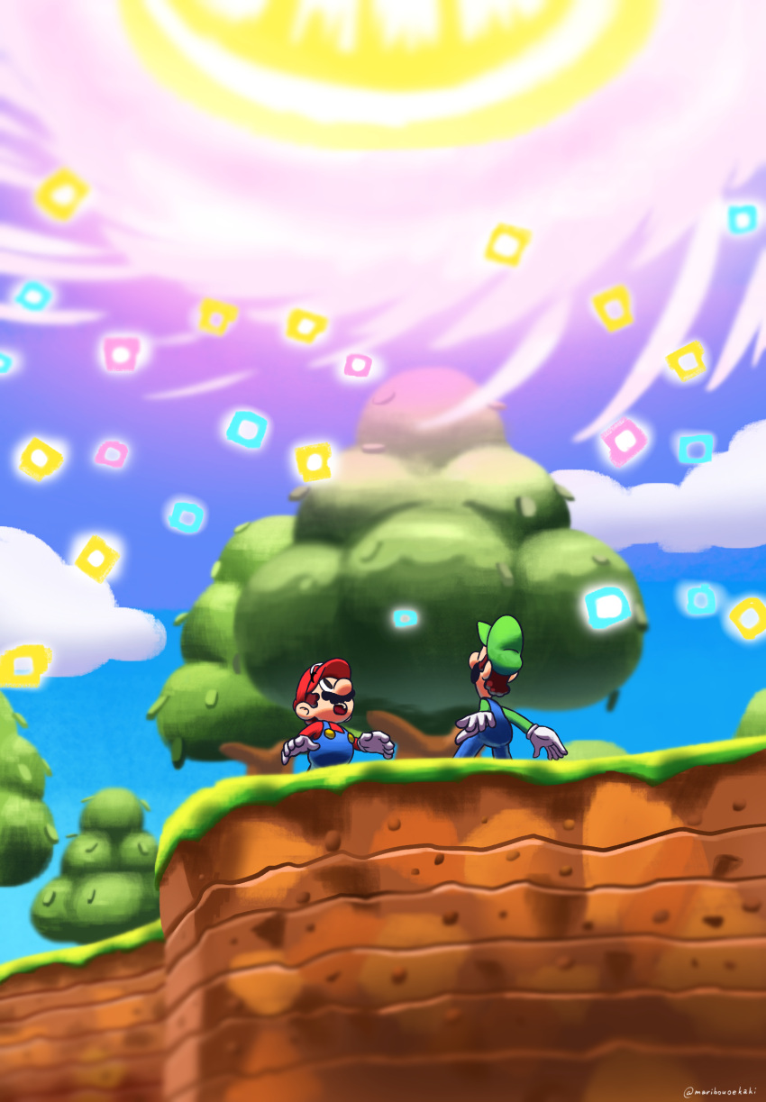 2boys artist_name black_eyes blue_overalls blue_pants blue_sky brothers brown_hair cliff clouds commentary_request day facial_hair facing_away gloves grass green_hat green_shirt hat highres long_sleeves looking_up luigi maribou_(supermaribou) mario mario_&amp;_luigi:_brothership mario_&amp;_luigi_rpg multiple_boys mustache open_mouth outdoors overalls pants red_hat red_shirt scenery shirt short_hair siblings sky standing super_mario_bros. teeth tree twitter_username upper_teeth_only white_gloves
