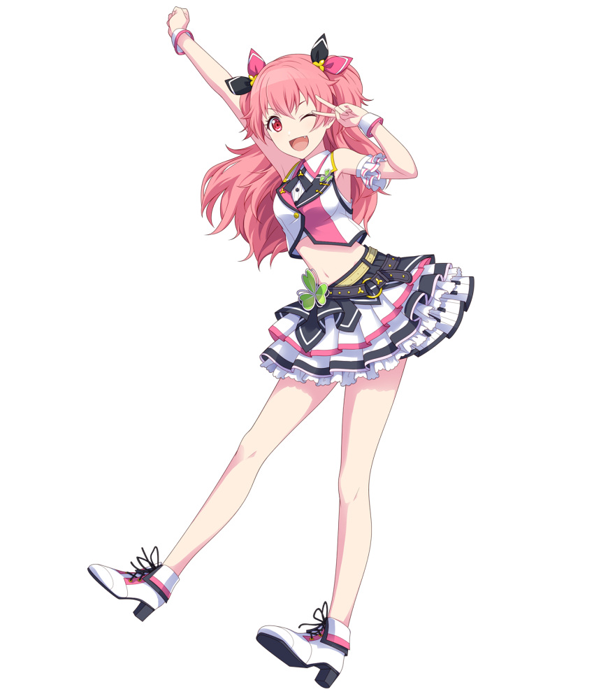 1girl :d bare_shoulders belt crop_top crossed_bangs fang frilled_skirt frills full_body highres looking_at_viewer midriff momoi_airi navel non-web_source official_art one_eye_closed pink_eyes pink_hair project_sekai skirt sleeveless smile solo tachi-e two_side_up v_over_eye white_footwear wrist_cuffs