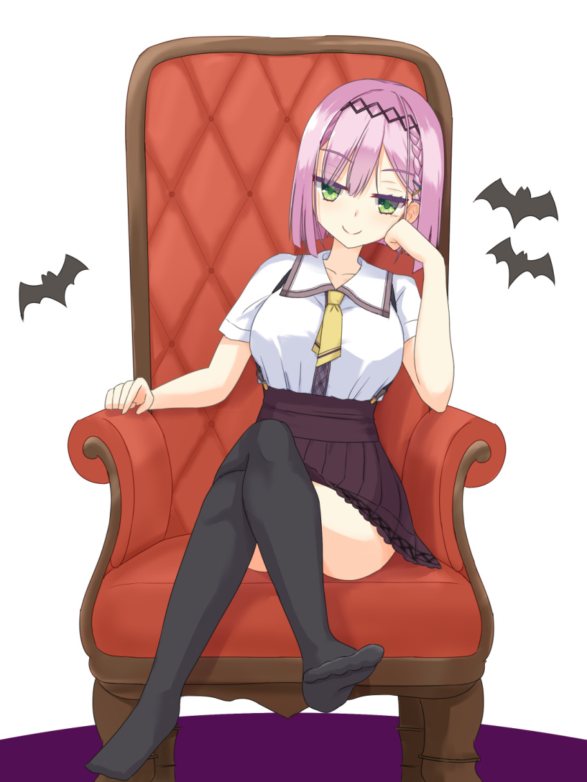 1girl armchair bat_(animal) black_thighhighs blunt_ends blush bob_cut braid breasts bright_pupils brown_skirt c: chair closed_mouth collared_shirt commentary_request crossed_legs eyes_visible_through_hair full_body green_eyes hair_between_eyes hair_ornament hairclip hand_up head_rest high-waist_skirt highres jitome large_breasts necktie no_shoes on_chair pink_hair pleated_skirt school_uniform shirayamakoma shirt short_hair short_necktie short_sleeves side_braid simple_background sitting skirt smile smug solo split_mouth straight_hair suspender_skirt suspenders tanikaze_amane tenshi_souzou_re-boot! thigh-highs tsurime white_background white_shirt x_hair_ornament yellow_necktie