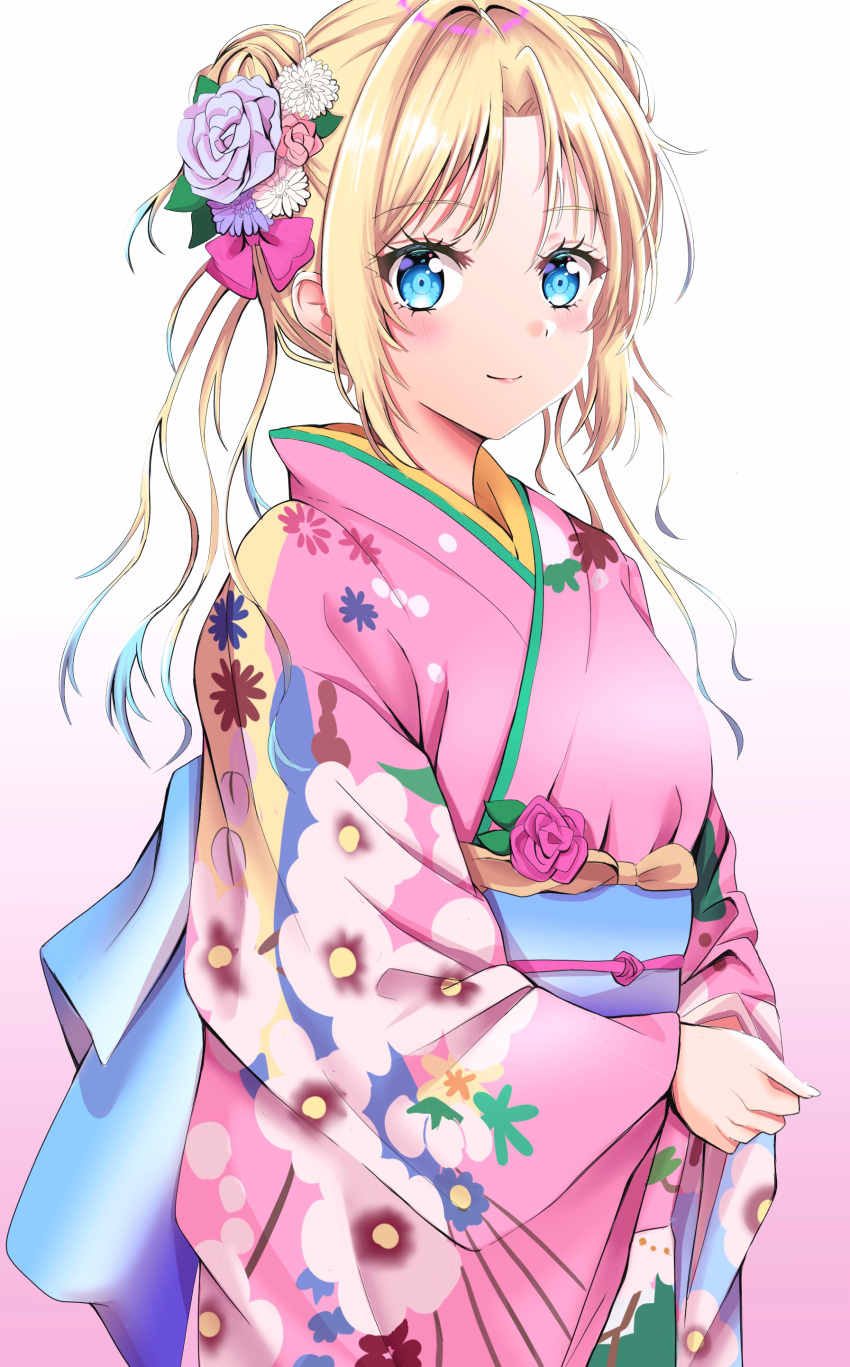 1girl absurdres alternate_costume alternate_hairstyle blonde_hair blue_eyes blue_flower blue_hair blue_rose blue_sash blush bow closed_mouth commentary double_bun floral_print_kimono flower gradient_background gradient_hair hair_bow hair_bun hair_flower hair_ornament highres japanese_clothes kimono light_blue_hair link!_like!_love_live! long_sleeves looking_at_viewer love_live! meimaru multicolored_hair obi osawa_rurino parted_bangs pink_background pink_bow pink_flower pink_kimono pink_rose purple_flower rose sash short_hair_with_long_locks sidelocks smile solo symbol-only_commentary v_arms virtual_youtuber white_background white_flower wide_sleeves