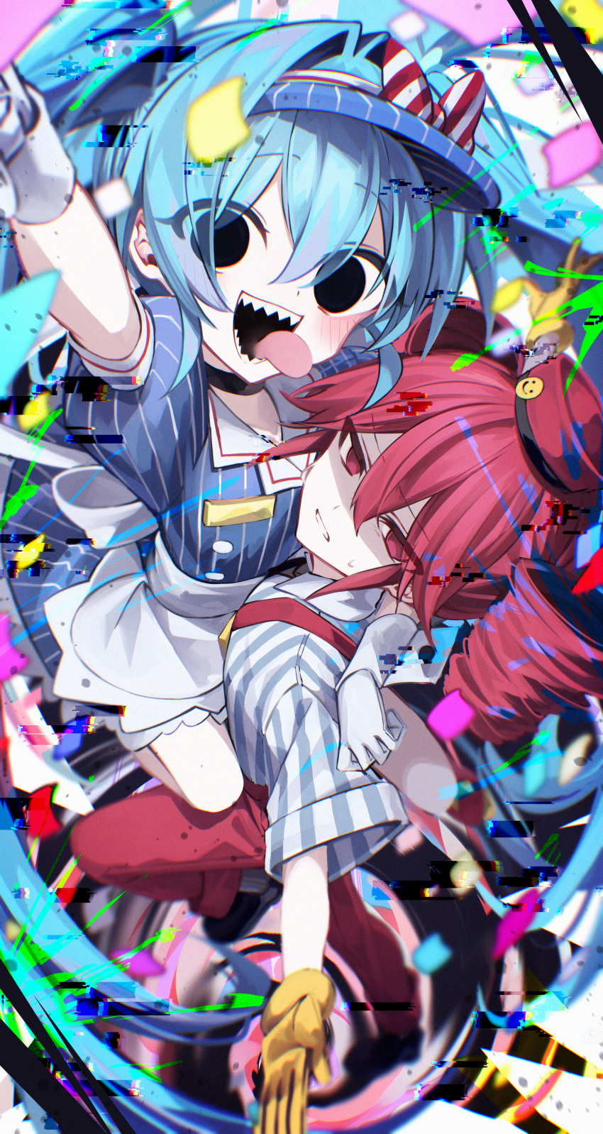 2girls absurdres apron bad_perspective black_eyes blue_dress blue_hair commentary_request dress drill_hair empty_eyes glitch gloves grimace hatsune_miku highres kasane_teto long_hair looking_at_viewer matagi_14 mesmerizer_(vocaloid) multiple_girls pants red_eyes red_pants shaded_face sharp_teeth shirt striped_clothes striped_dress striped_shirt suspenders synthesizer_v teeth tongue tongue_out twin_drills very_long_hair visor_cap vocaloid waist_apron white_apron white_wrist_cuffs wrist_cuffs yellow_gloves