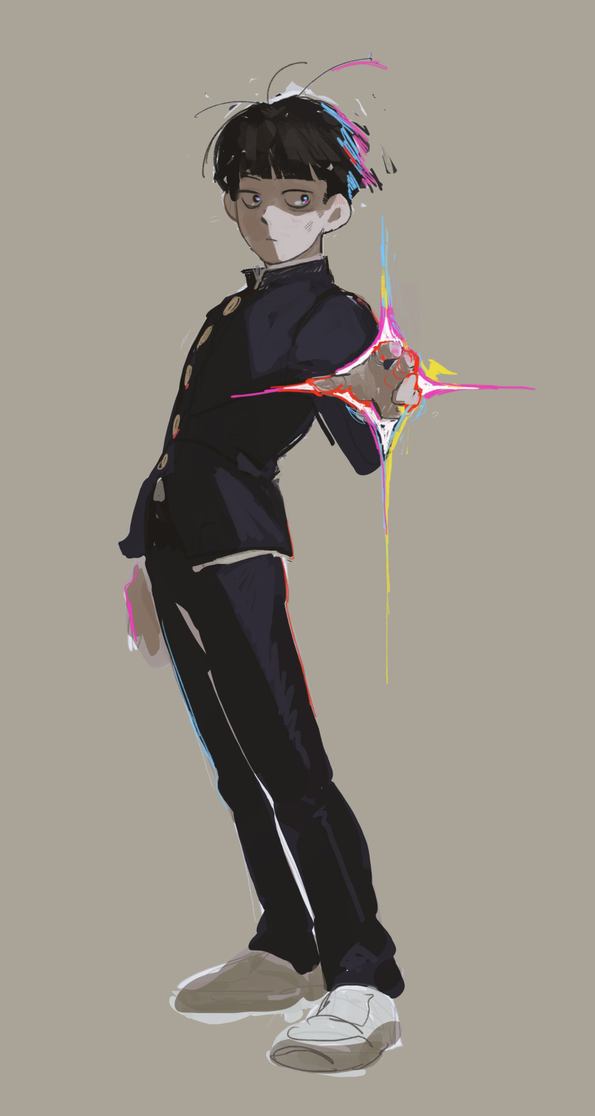 1boy :/ absurdres arm_at_side black_eyes black_hair black_jacket black_pants blunt_bangs bowl_cut brown_background buttons closed_mouth energy from_side full_body gakuran glowing glowing_eyes hand_up highres honeyoink_draw jacket kageyama_shigeo long_sleeves looking_to_the_side loose_hair_strand male_focus mob_psycho_100 pants school_uniform short_hair simple_background solo sparkle standing white_footwear