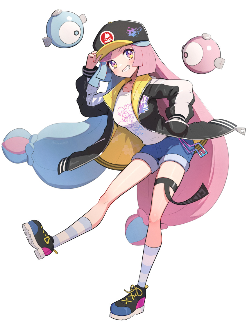 1girl absurdres blue_hair character_hair_ornament gonzarez hair_ornament highres iono_(pokemon) jacket long_hair looking_at_viewer multicolored_hair pink_hair pokemon pokemon_sv sharp_teeth smile solo teeth twintails two-tone_hair